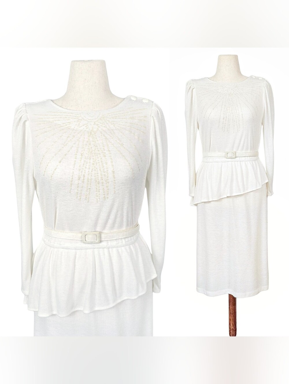 1980s Vintage Dress Belt Set 80s Peplum Midi White M/L Medium Large Long Sleeves